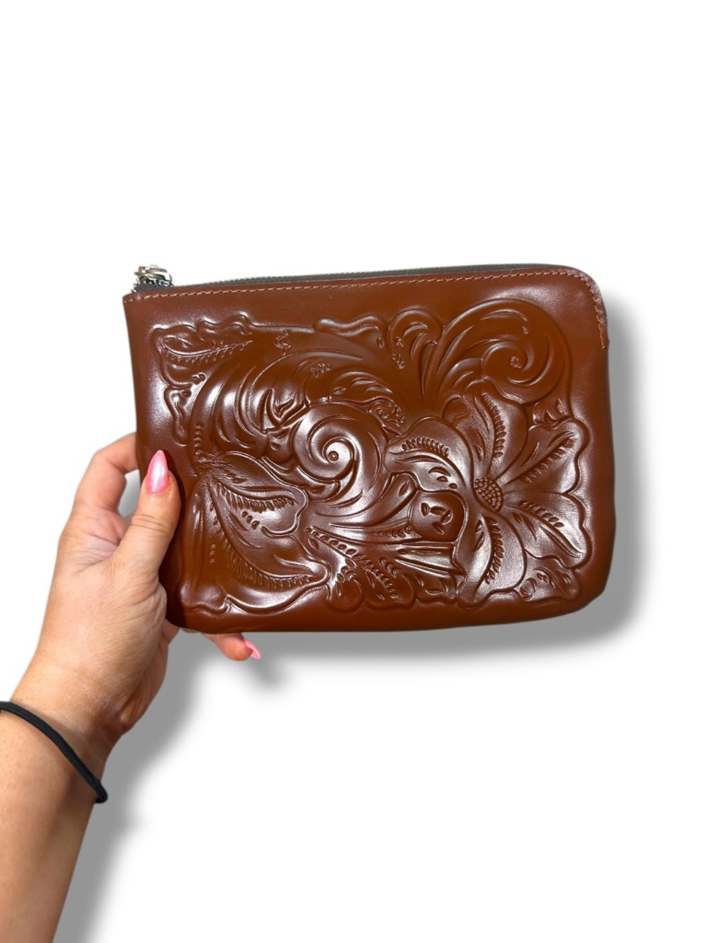 Patricia Nash Cassini Florence Brown Tooled Leather Wristlet